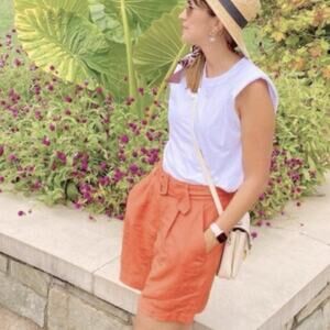 A New Day Women’s Shorts Paper Bag Elastic Waist Belted Orange Linen Blend Small